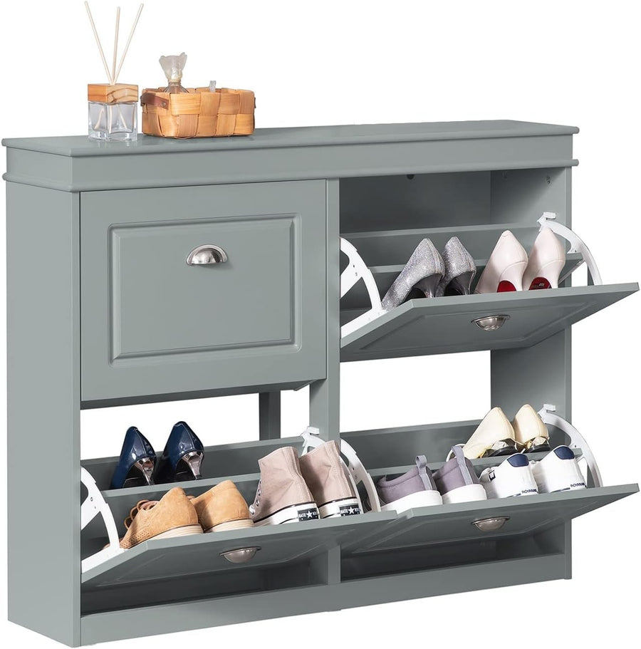 Slim Grey Shoe Storage Cabinet with 4 Flip Drawers, Space-Saving 105x24x82cm