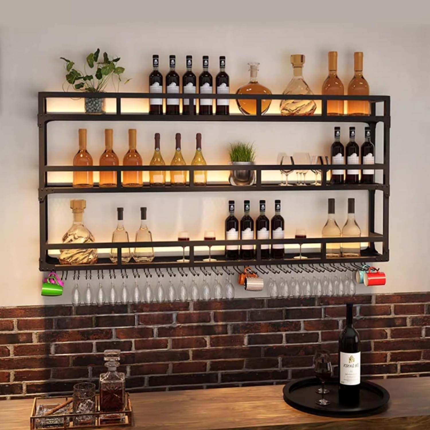 Wall Mounted Wine Rack Black Metal Bar Shelf With Glass Holder 180x25x90cm