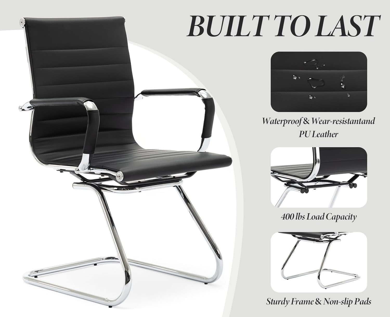 PU Leather Office Chair Set of 2 Metal Frame Conference Guest Black