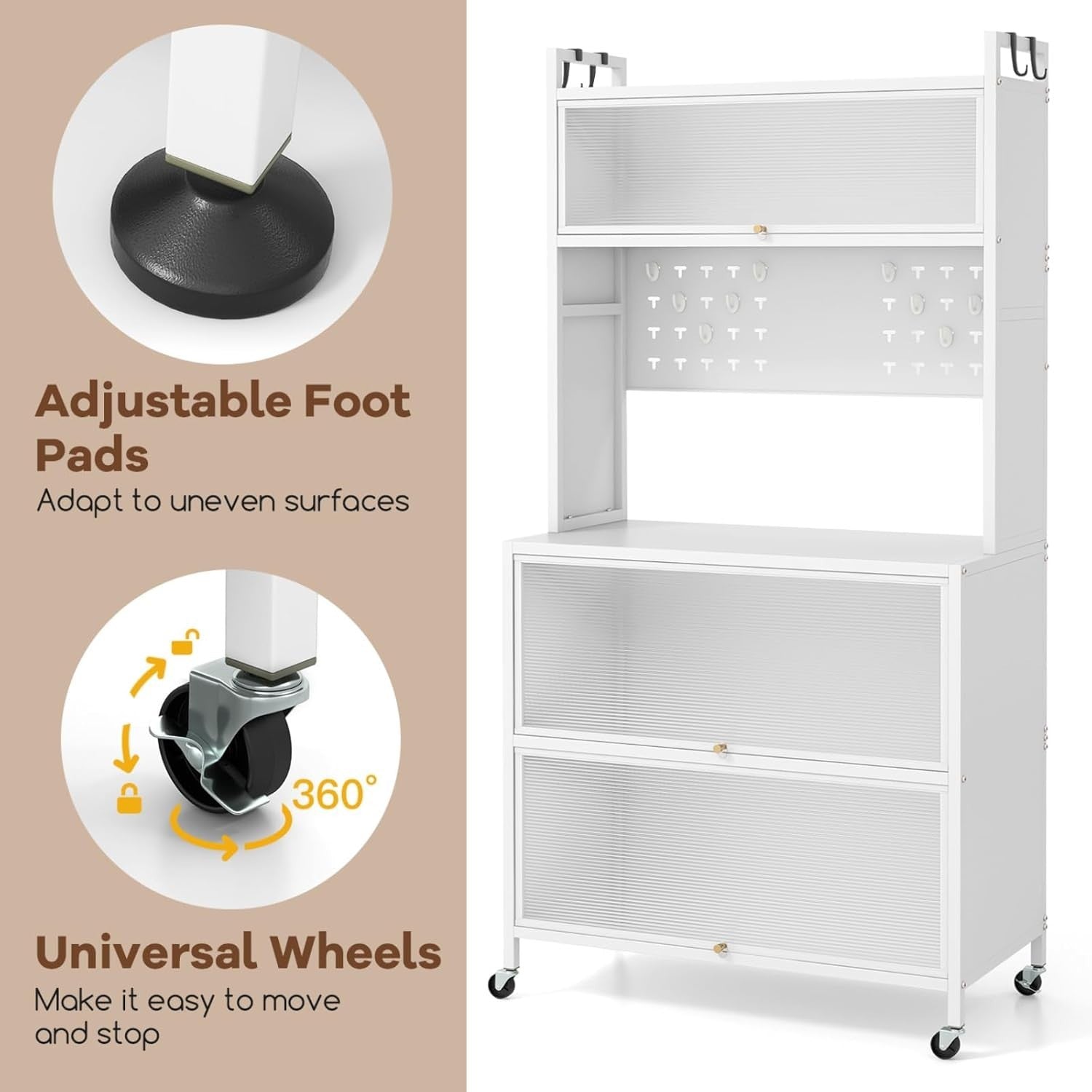 80x40x163cm White Rolling Kitchen Cabinet 5-Tier Pantry Storage with Wheels