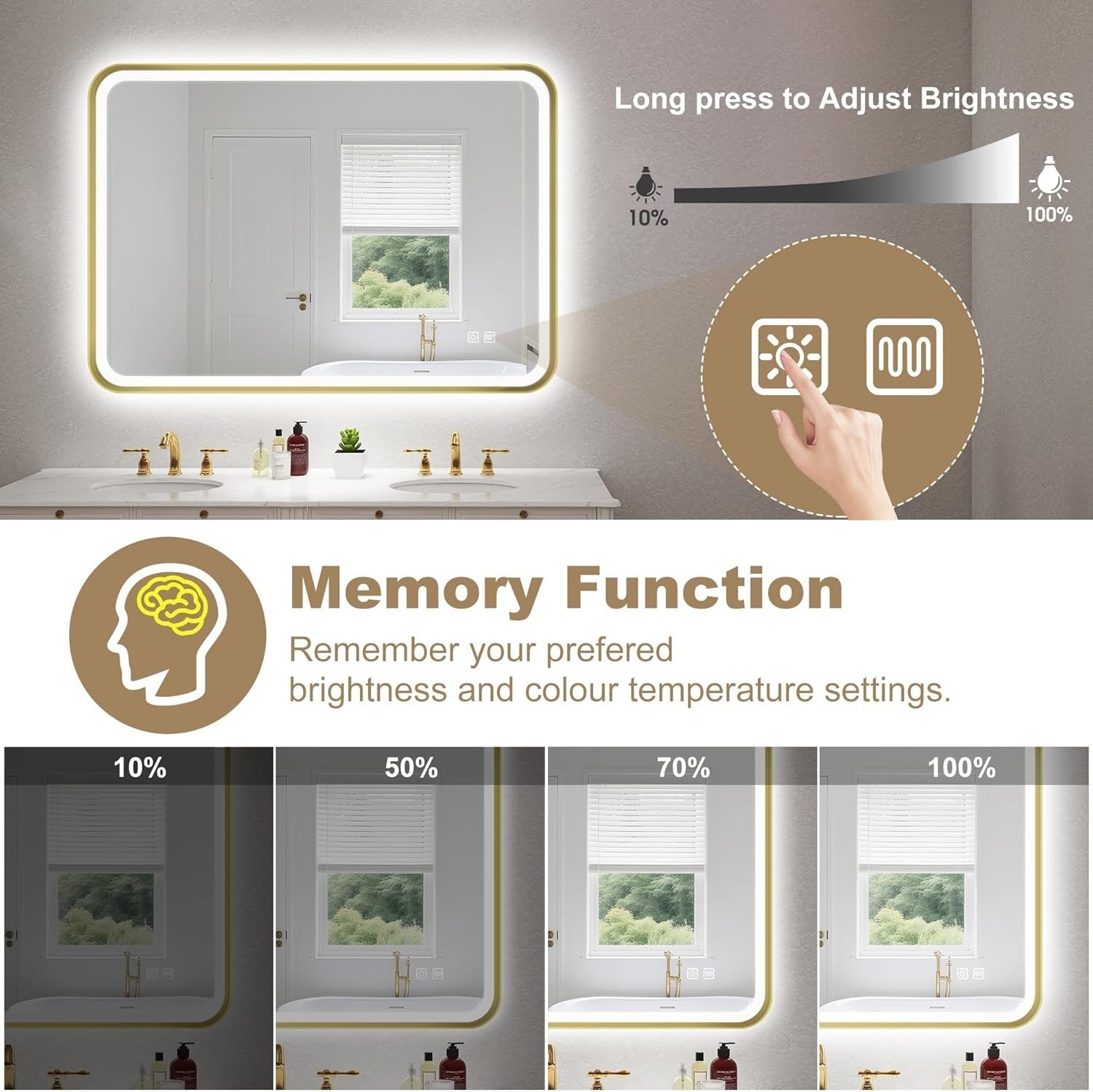 LED Bathroom Mirror 100x70cm Anti-Fog, Waterproof, Dimmable, Memory