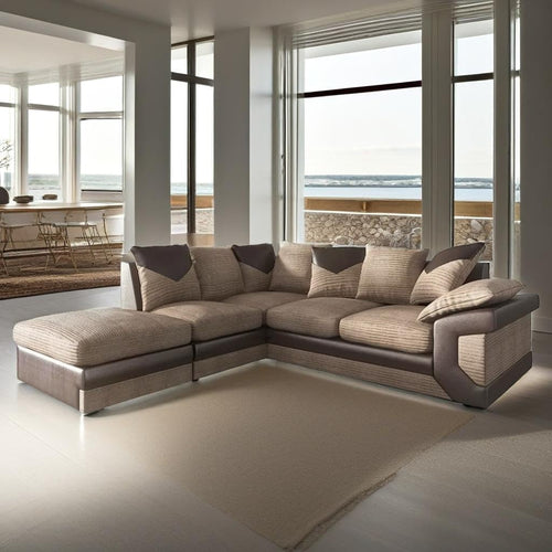 Left Hand Corner Sofa Brown Beige 5 Seater Couch w/ Footstool & Covers