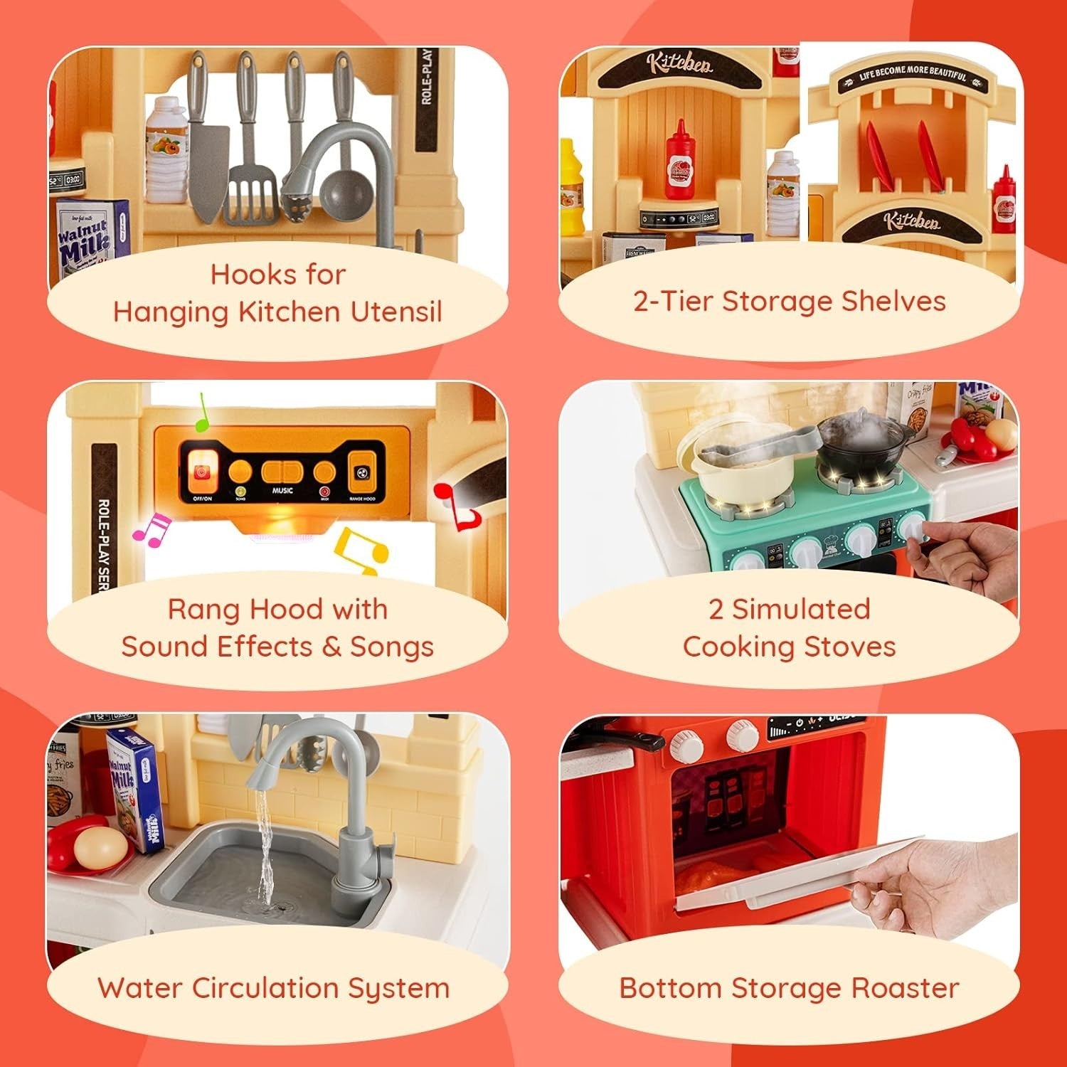 Kids Play Kitchen 69PCS Lights Sounds Steam Running Water Orange