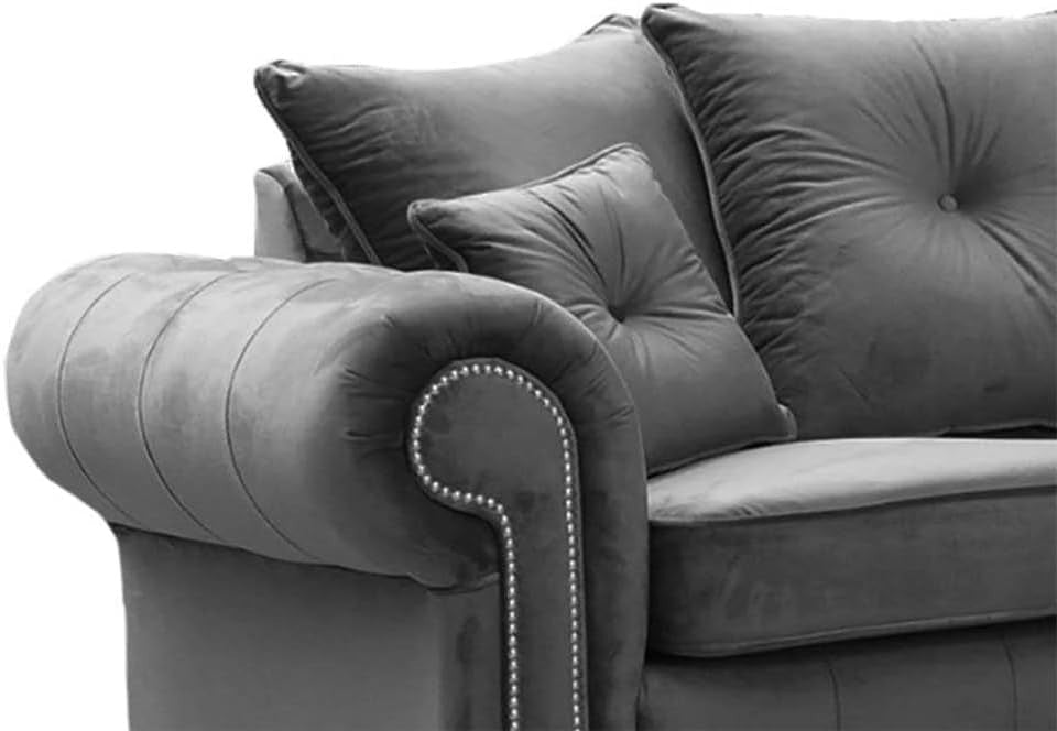 Dark Grey Velvet Corner Sofa 5 Seater – Chesterfield L Shape Settee – Rolled Arm