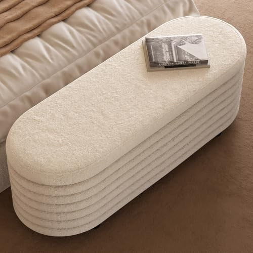 Miuuod Oval Storage Ottoman Bench 116.5cm Sherpa Fabric Cream White