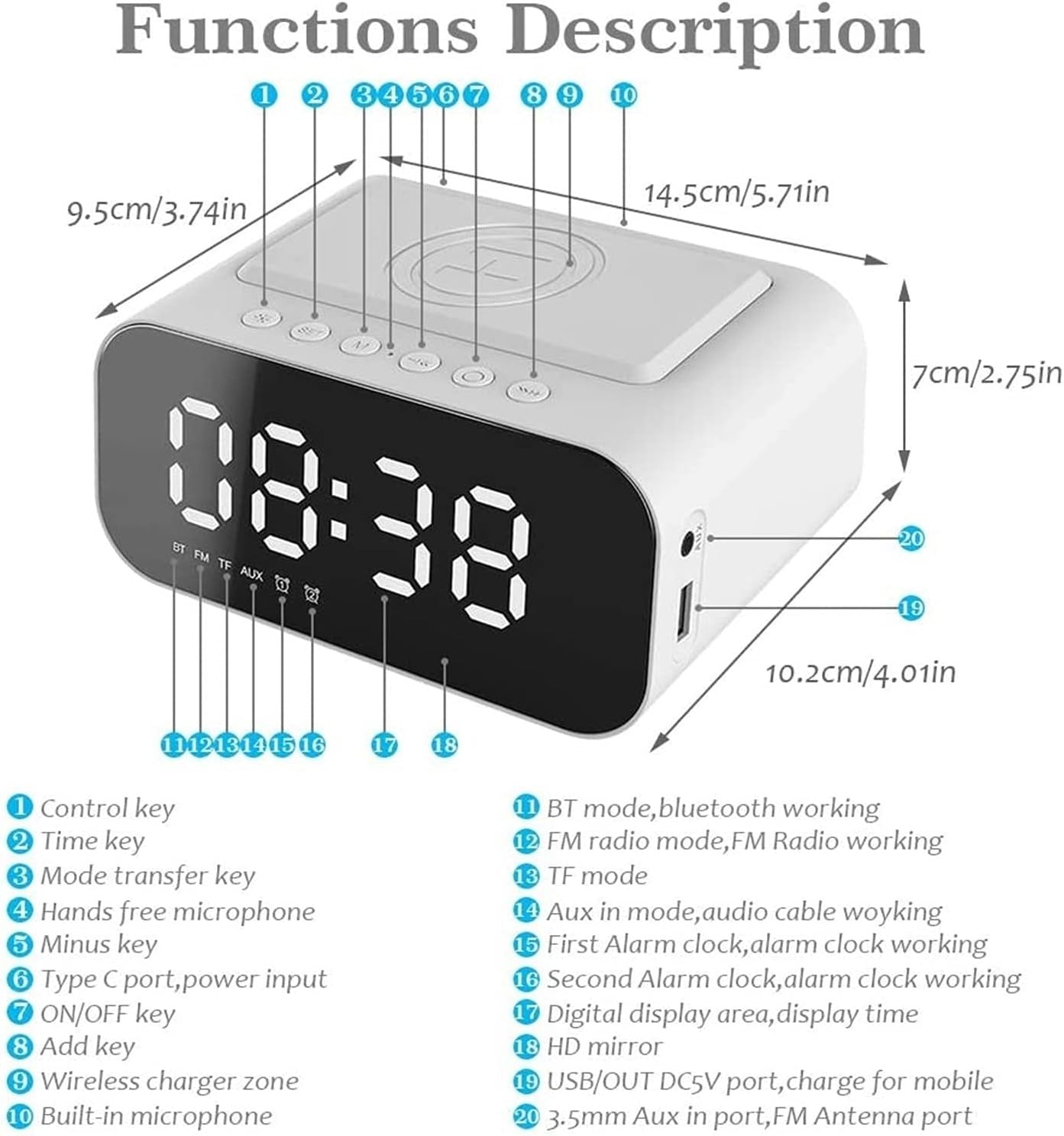 Black Digital Clock Radio AM FM Bluetooth USB Charging Battery Backup