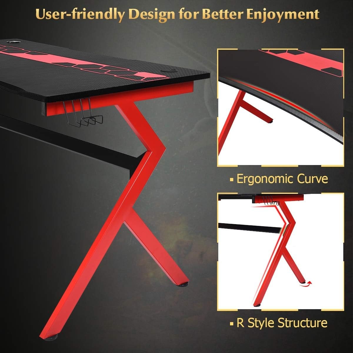 R-Shaped Gaming Desk with Cup Holder & Hook 115cm Carbon Fibre PC Table