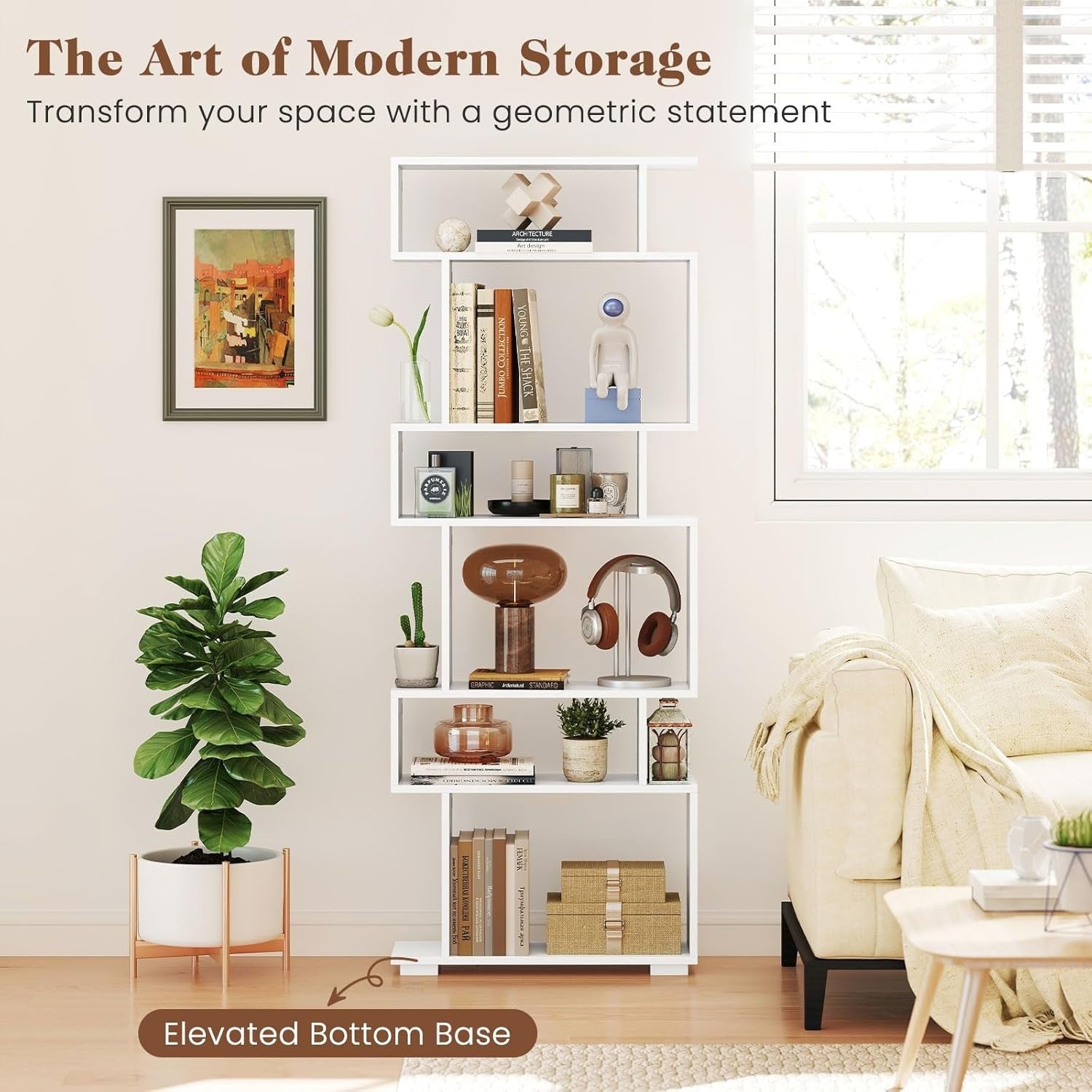 6-Tier S-Shaped Bookshelf Ladder Shelf with Anti-Tip Kits, White, Tall Storage