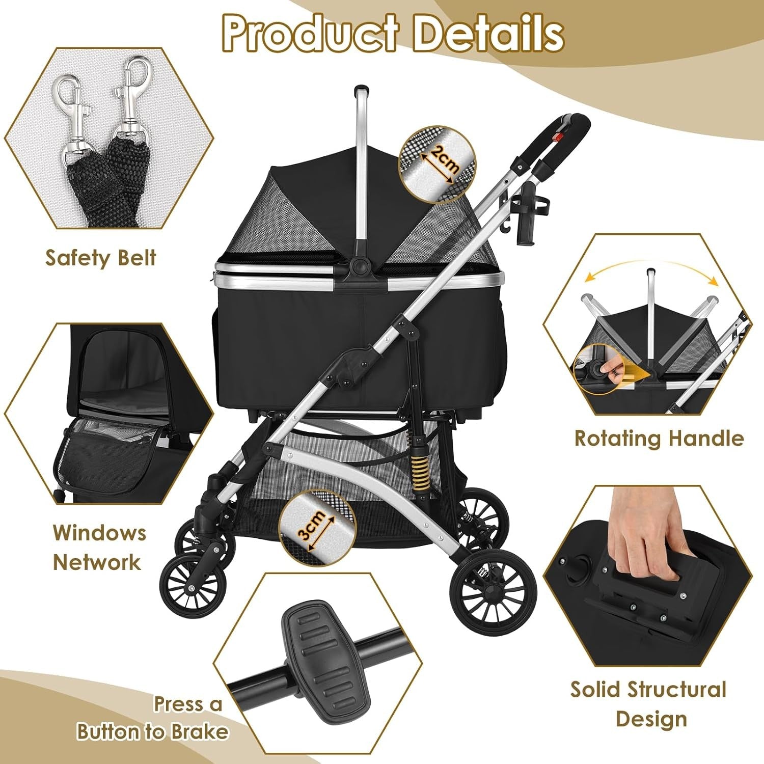 3 in 1 Pet Stroller Folding Dog Cat Pram 360 Wheels Storage Basket Black