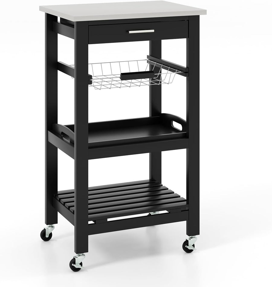 4 Tier Kitchen Trolley Stainless Steel Top Cart Black