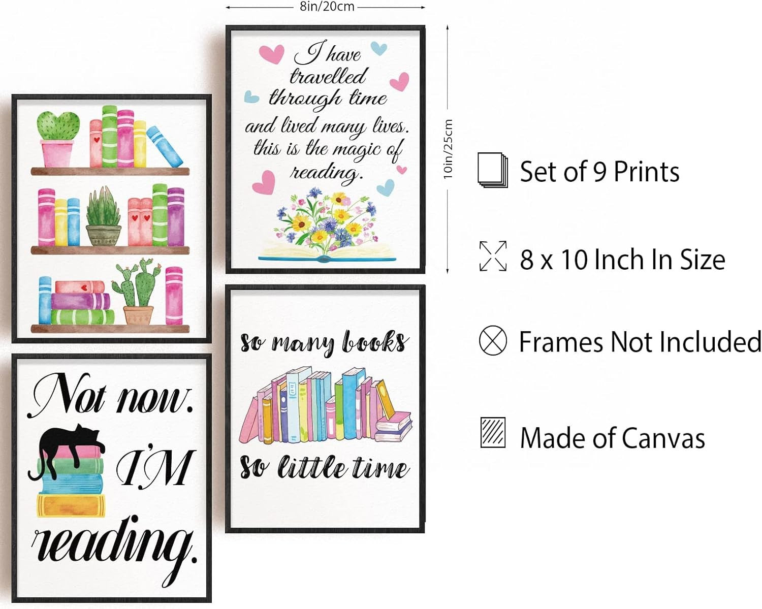 Reading Wall Art Posters Set 9pc 10x8in Classroom Quotes