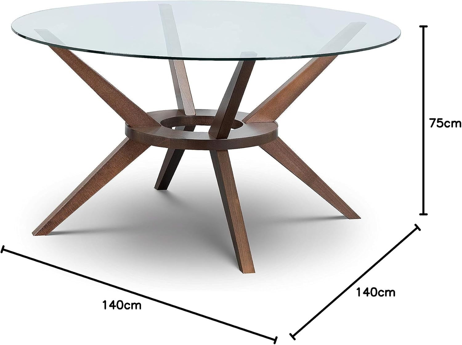 Large Round Walnut Dining Table with 140cm Glass Top, Contemporary Kitchen Table