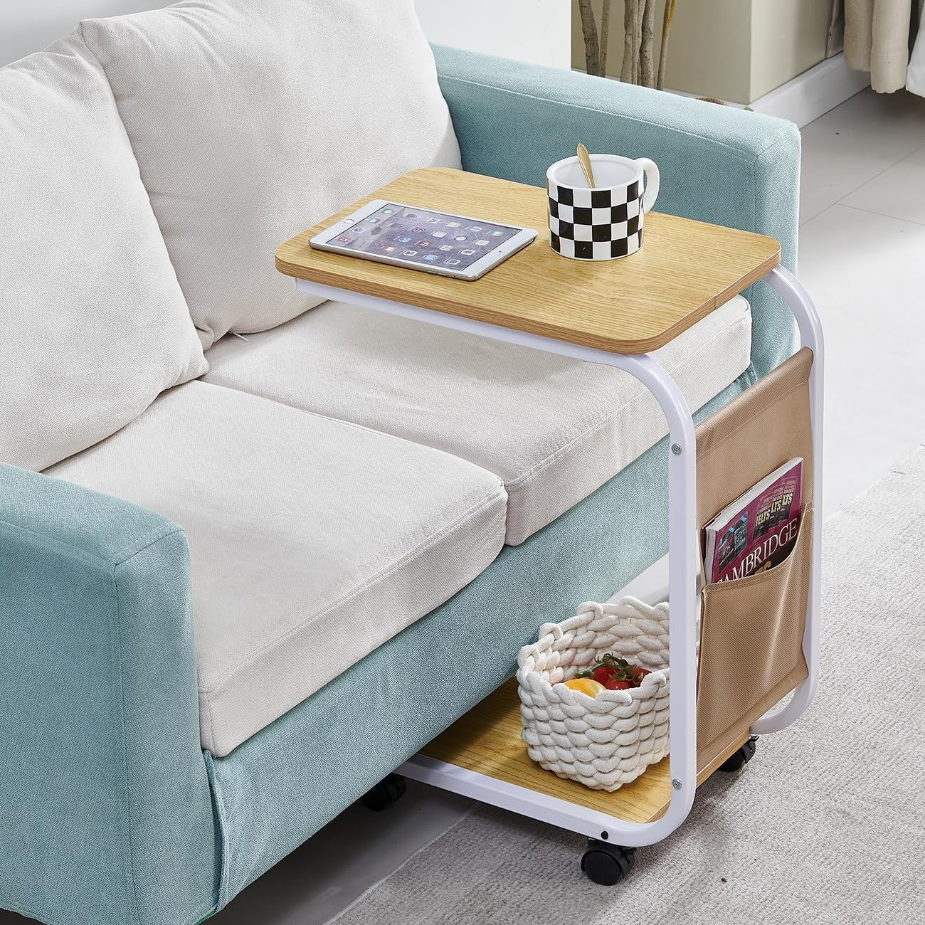 Walnut Slim Side Table on Wheels – 2-Tier Mobile Sofa End Table with Storage