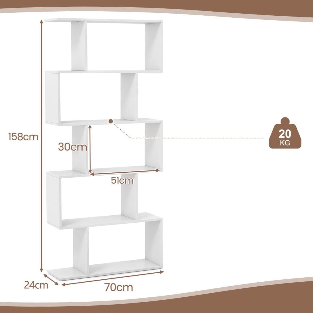 Modern S-Shape 5 Tier Bookshelf White | Freestanding Display Shelving Unit 70×15