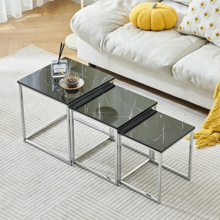 3 Nesting Coffee Tables Set Black Marble Square End Side Living Room Furniture