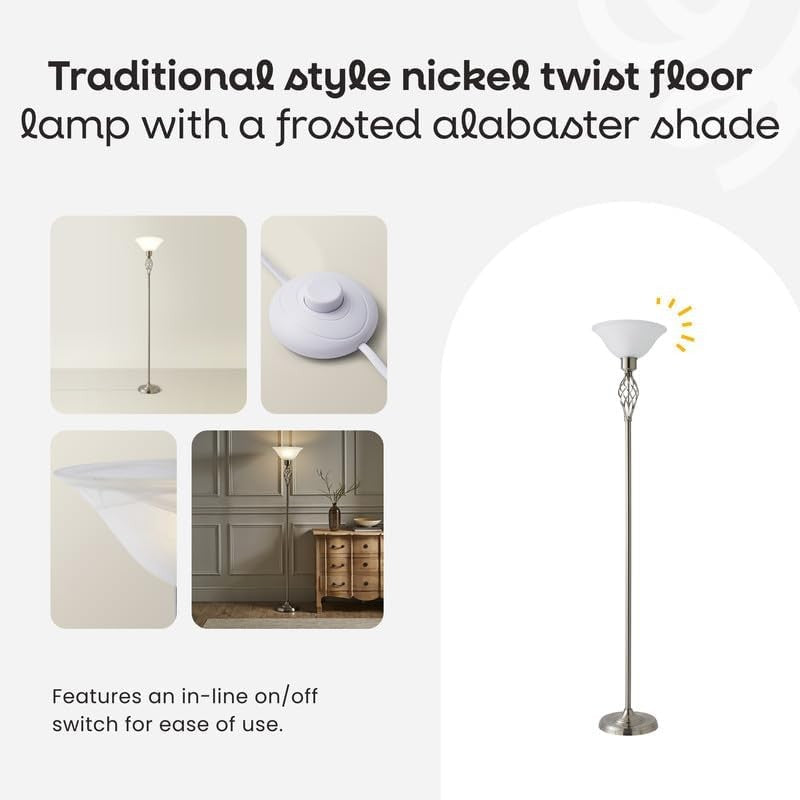Traditional Floor Lamp Nickel Twist Frosted Glass Shade Tall Standing Light