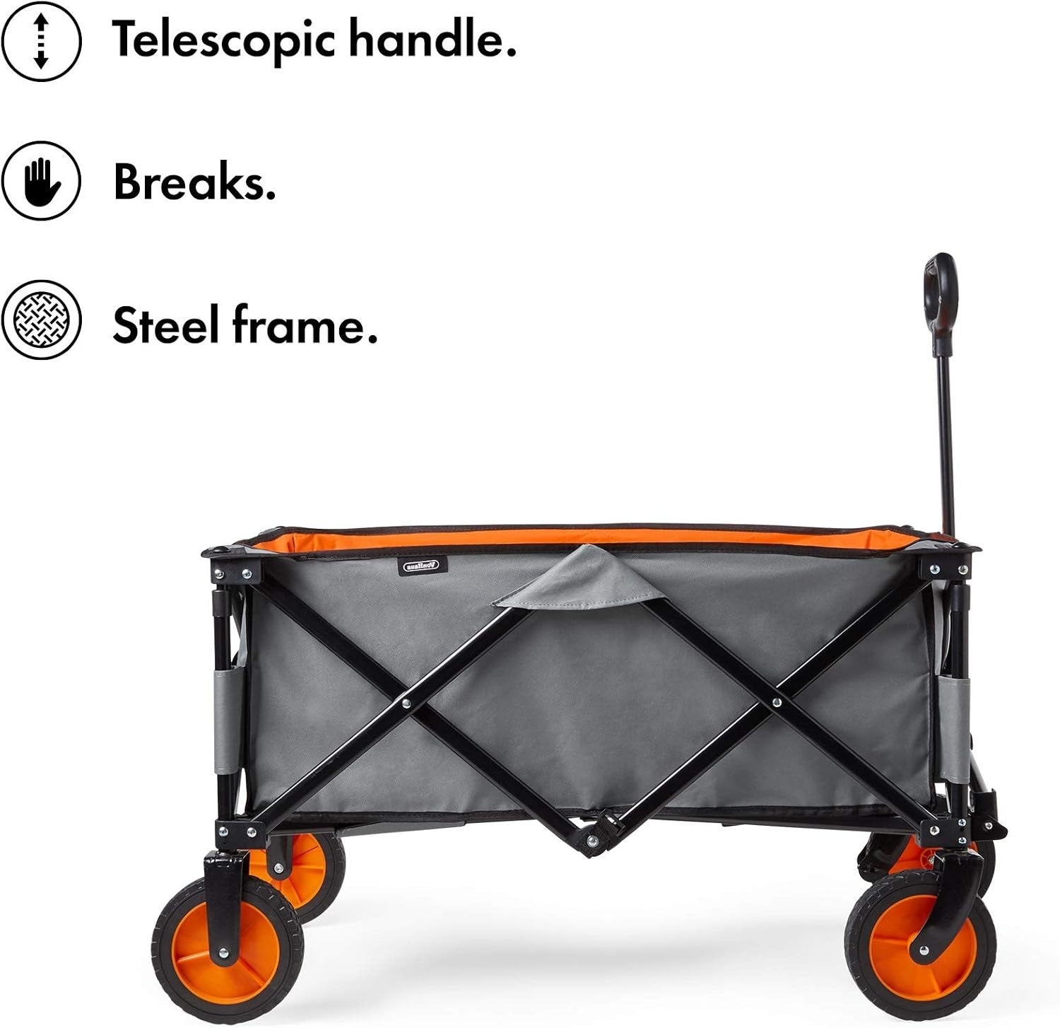 Collapsible Garden Cart Wagon 70kg Load Steel Frame Telescopic Handle w/ Brakes