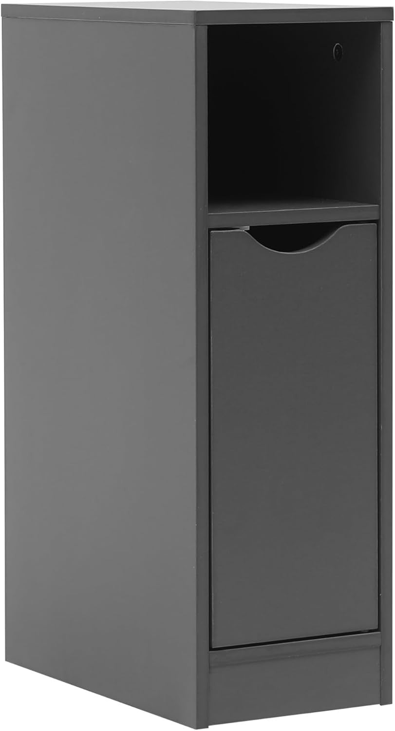 Slim Grey Bedside Table with Drawer & Shelf, Narrow Modern Nightstand Storage