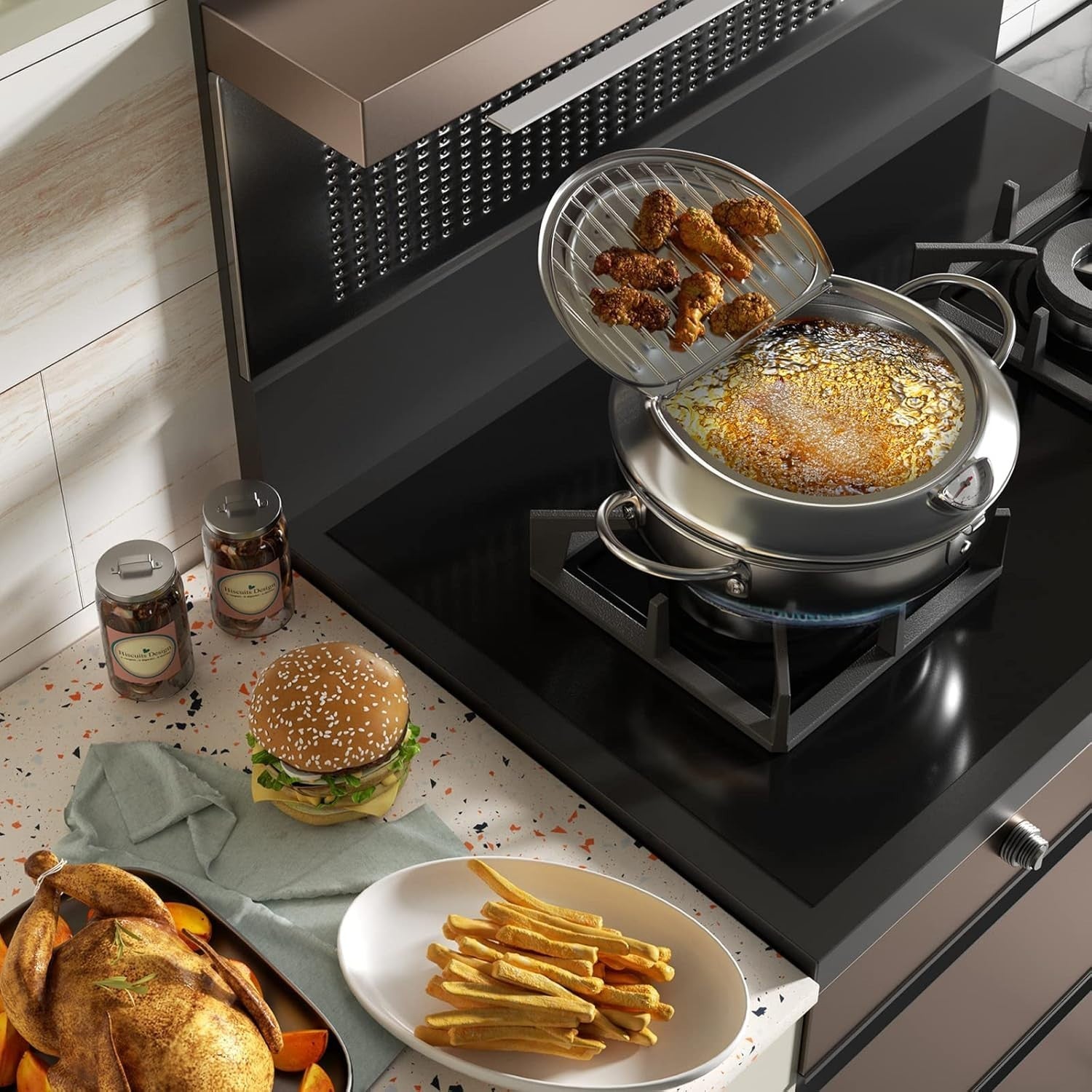11 Inch Stainless Steel Deep Fryer Pot 4.2L w Thermometer Oil Drain Lid