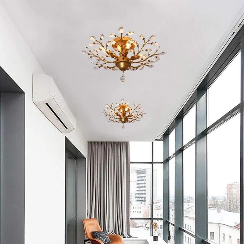 Gold Vintage Crystal Chandelier Flush Ceiling Light E14 Pendant 4-Light