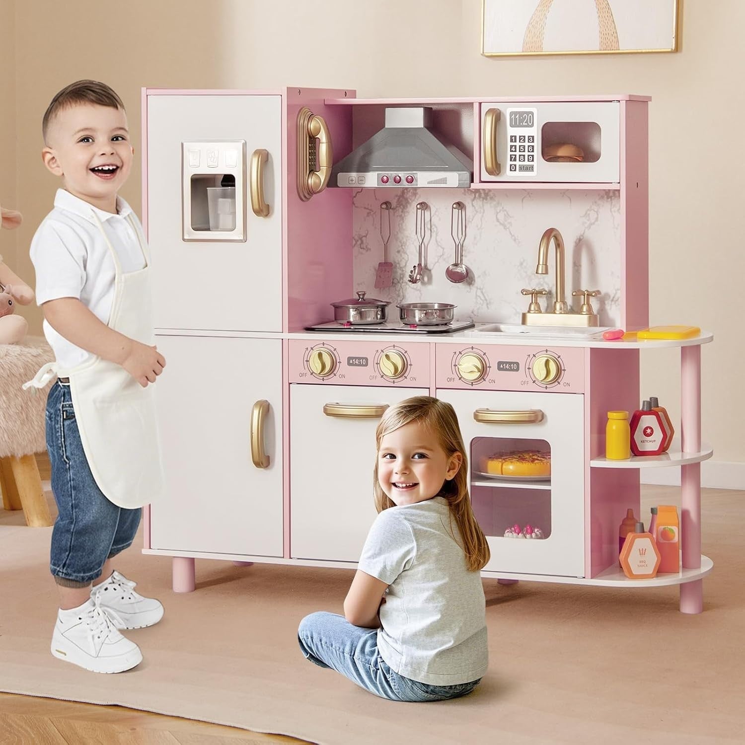 Pink Kids Play Kitchen Lights Sounds Ice Maker Chef Toy Set