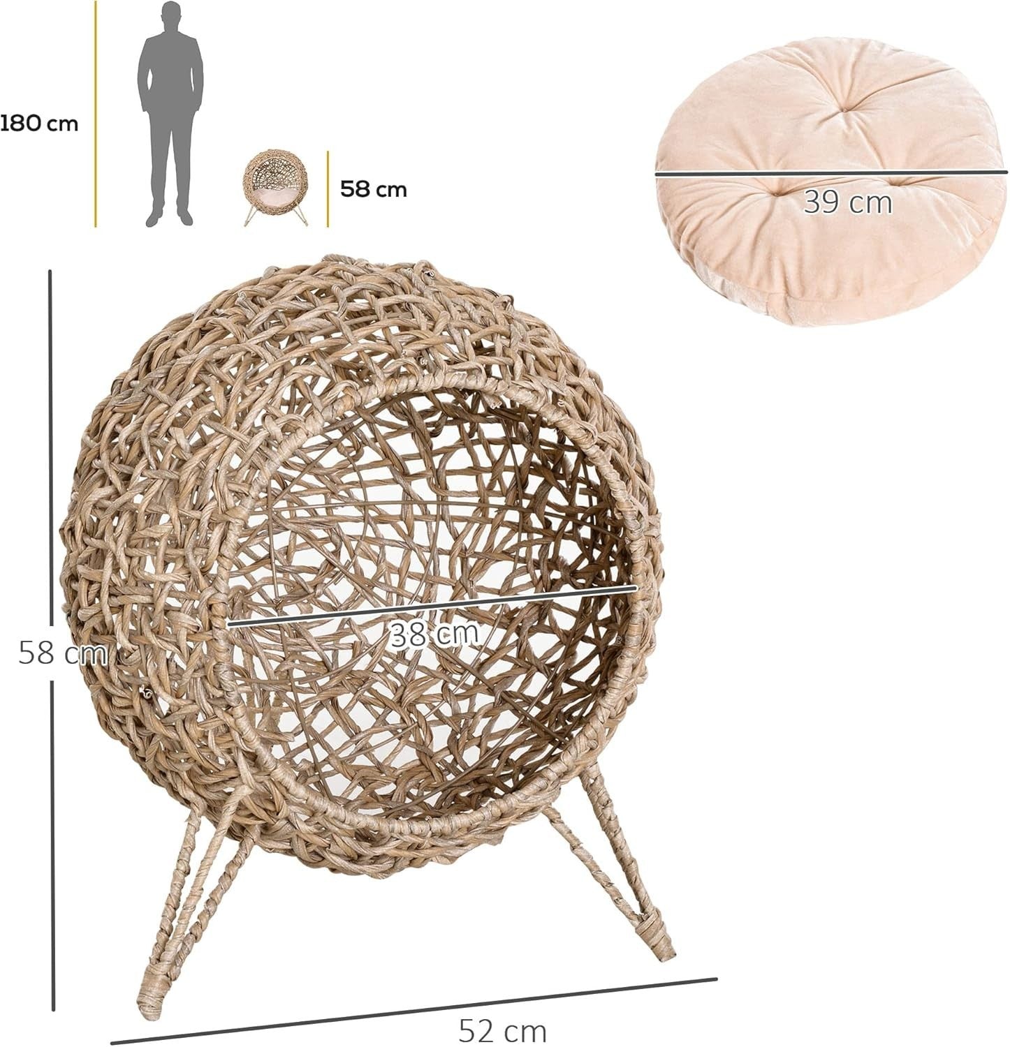 Ball Shape Wicker Cat House Raised Rattan Bed w Cushion Natural