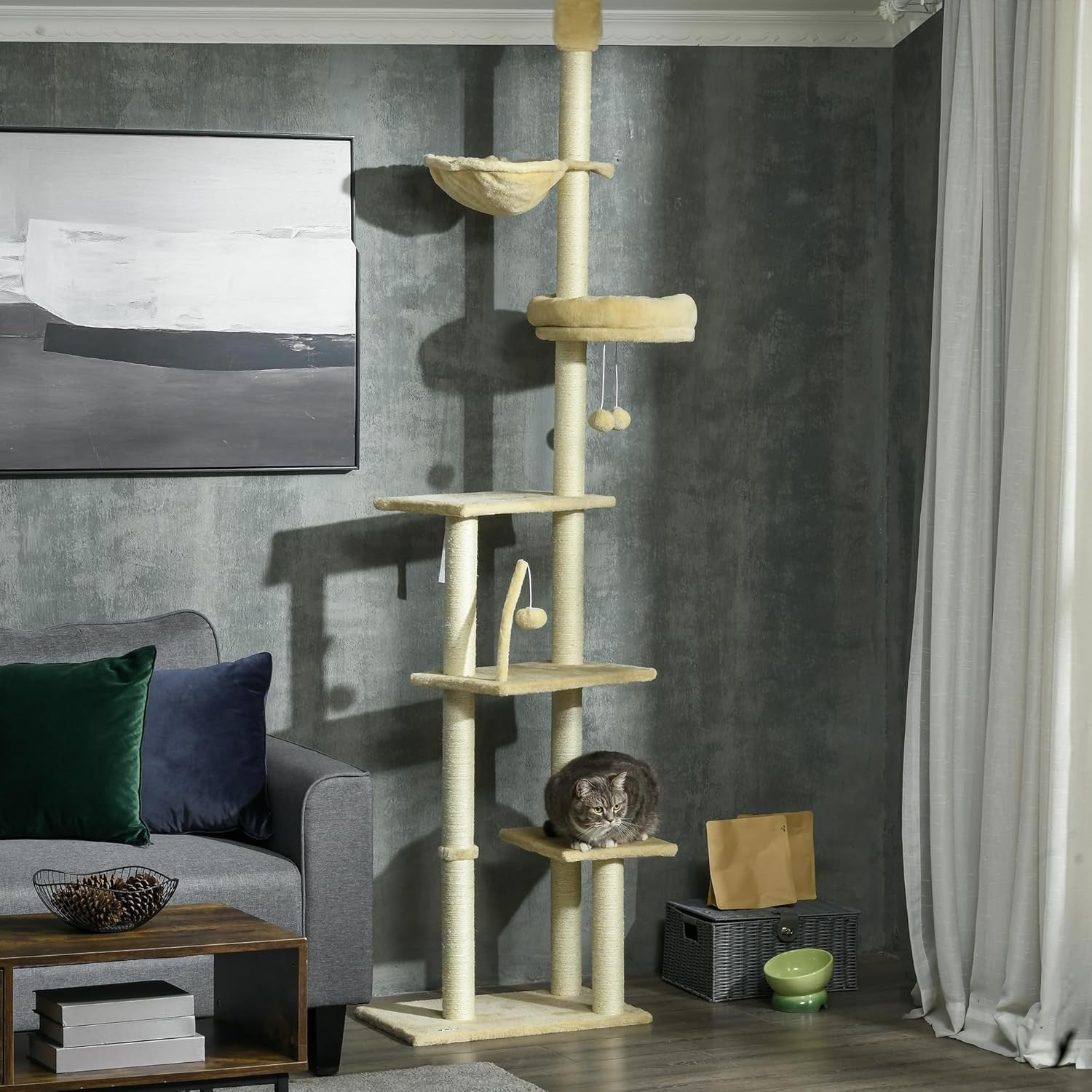 Floor to Ceiling Cat Tree 6 Tier Tower Adjustable Height Scratch Post Hammock