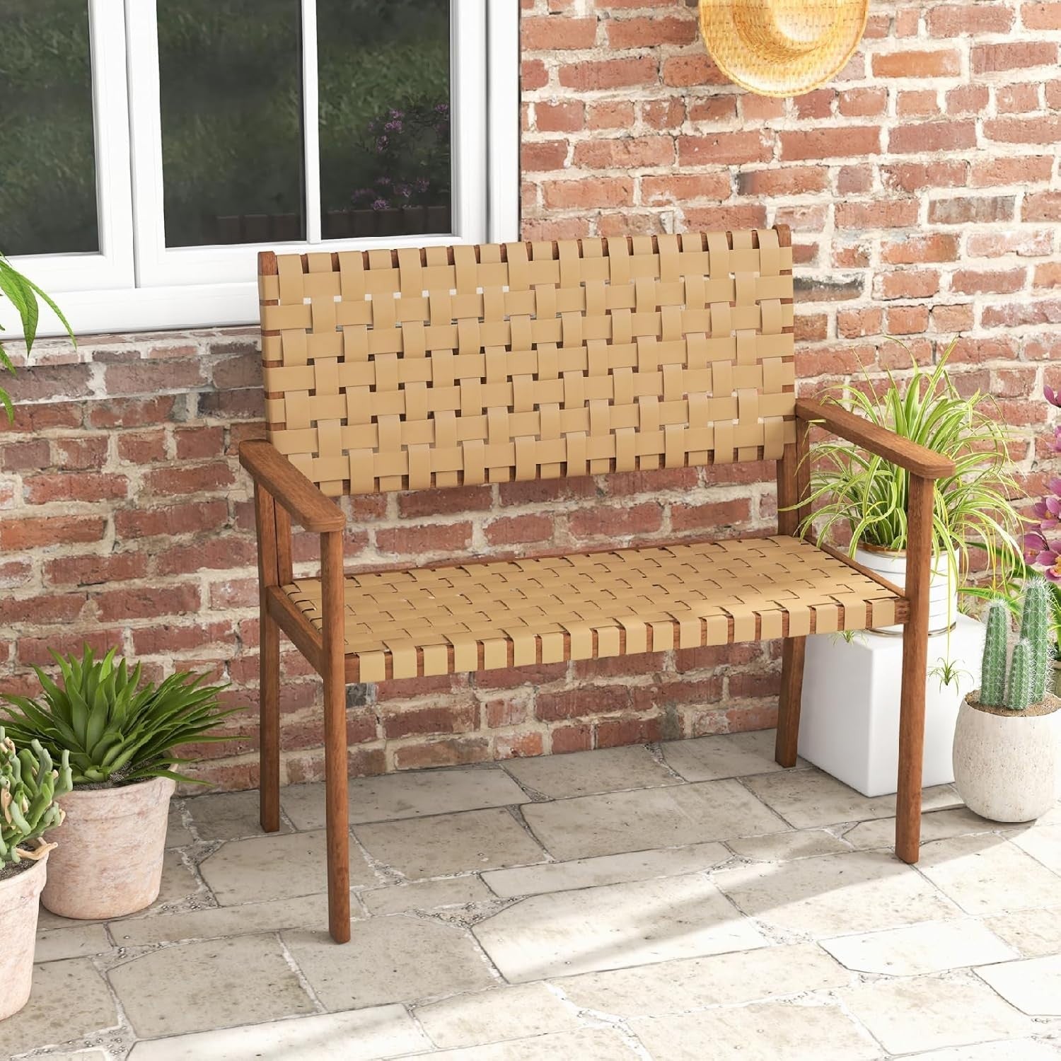 2 Seater Outdoor Rattan Garden Bench with Wood Frame Patio Balcony Seat