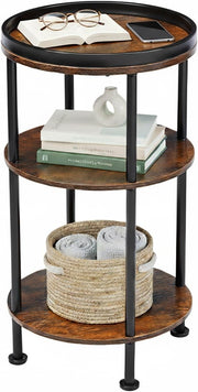 3 Tier Round Side Table with Storage Shelf Metal Frame Small Space Brown 30x55.