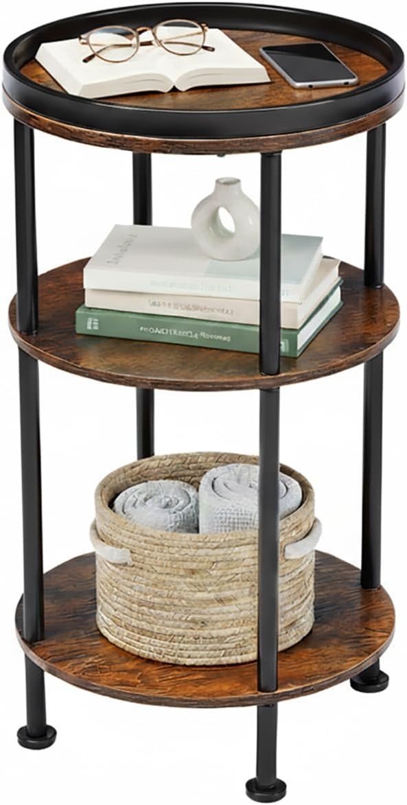 3 Tier Round Side Table with Storage Shelf Metal Frame Small Space Brown 30x55.