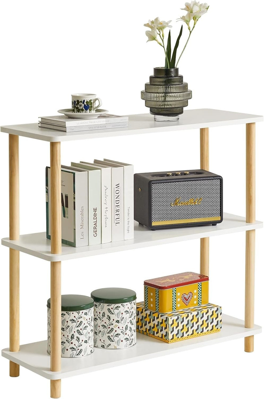 3 Tier Wooden Bookcase White Beech Legs Freestanding Storage Shelf 74cm