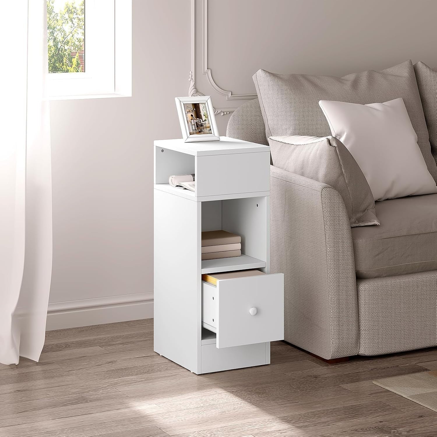 Set of 2 Slim White Bedside Tables with Drawer & Open Shelves 25x30x66cm