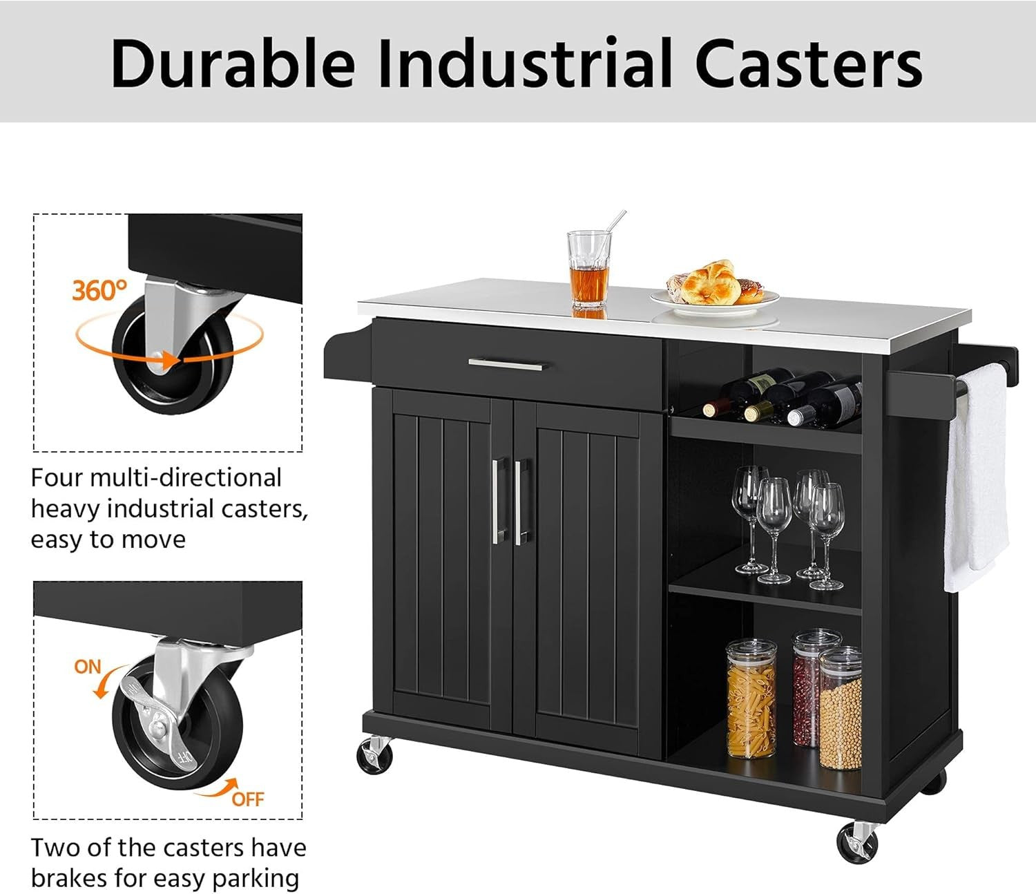 Kitchen Island Trolley on Wheels with Stainless Steel Top Drawer Wine Rack