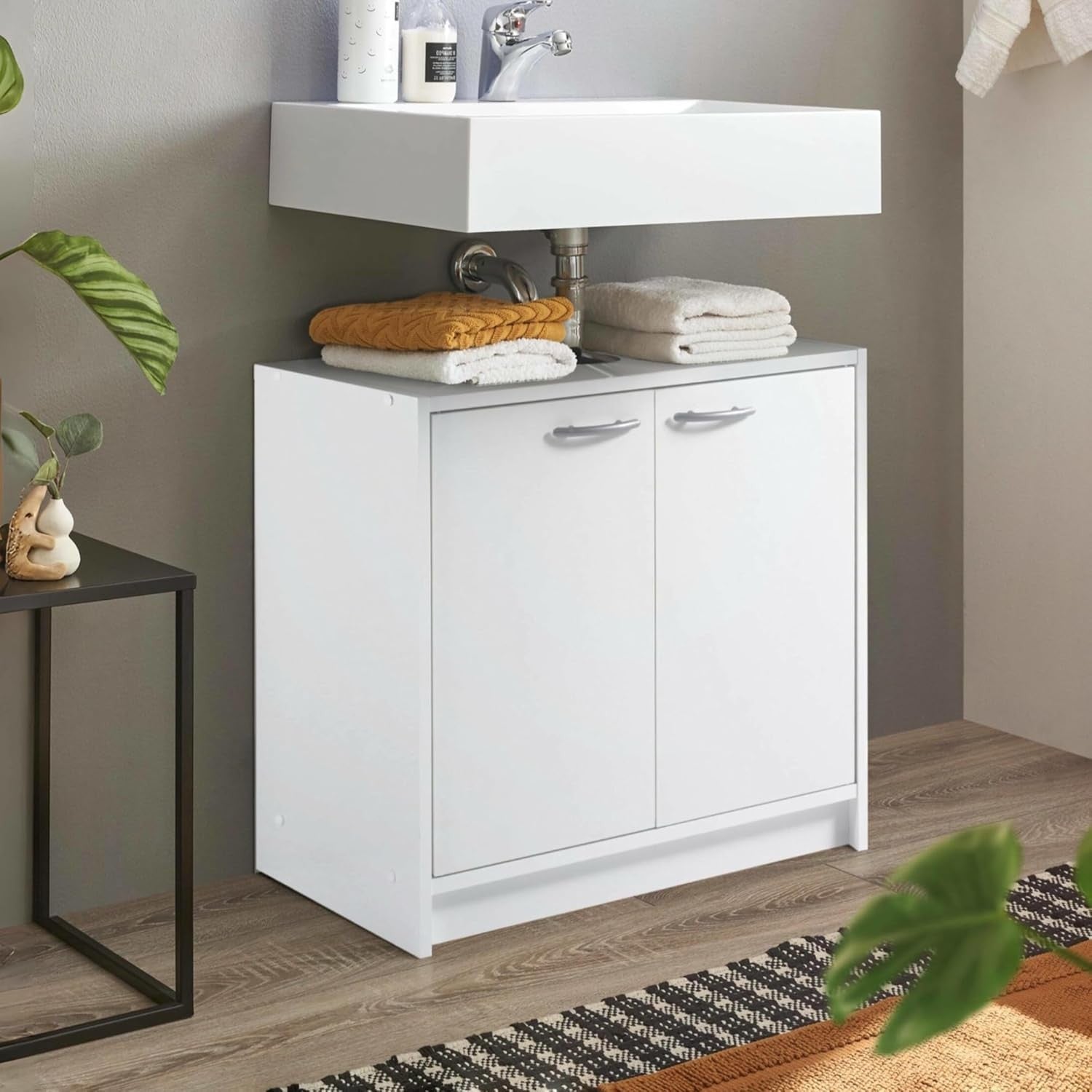 White Under Sink Bathroom Cabinet 65x53x55cm Modern Storage Cupboard Unit