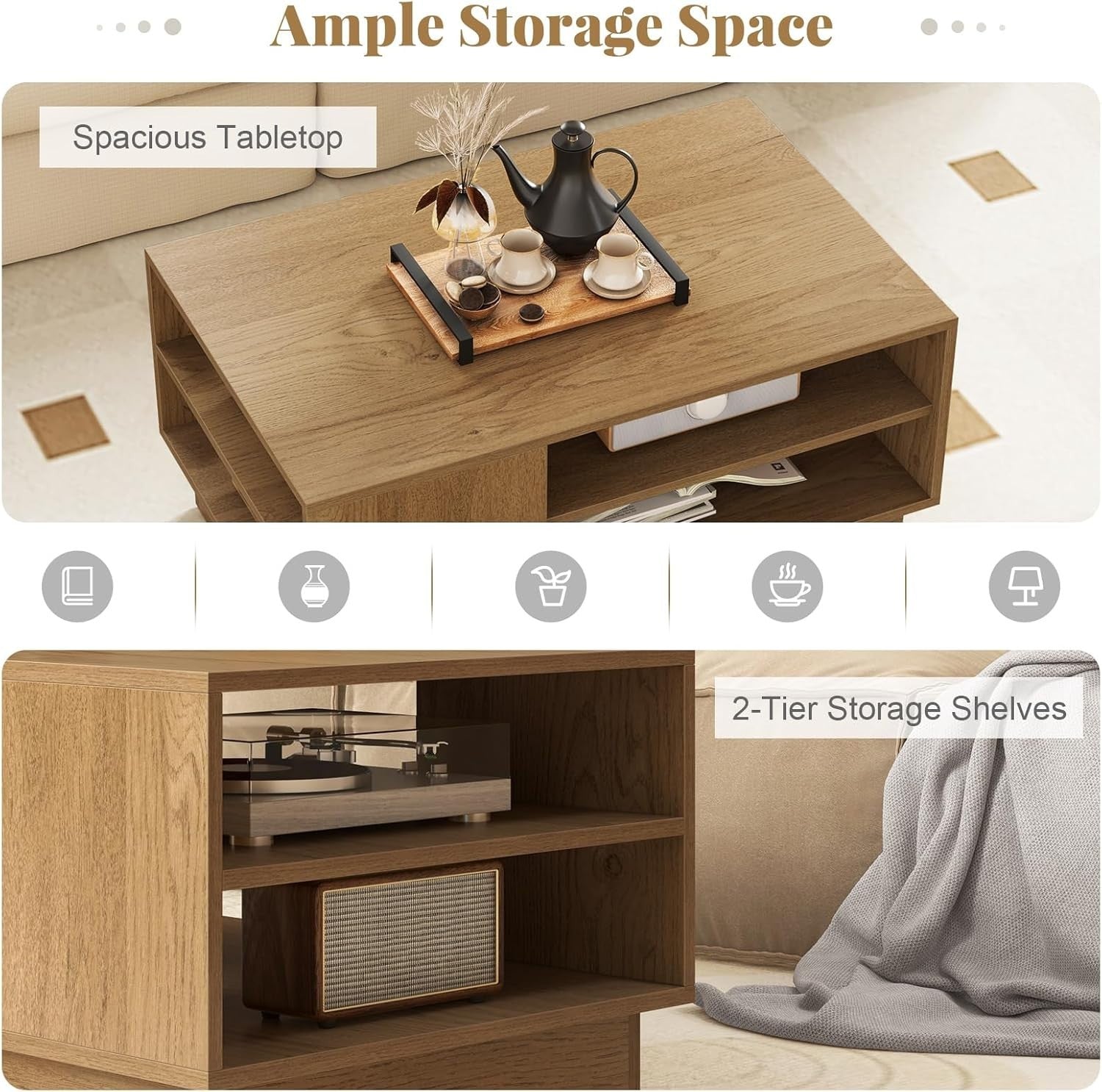 Modern Wooden Coffee Table with 2-Tier Storage & Recessed Base 86x56x41cm