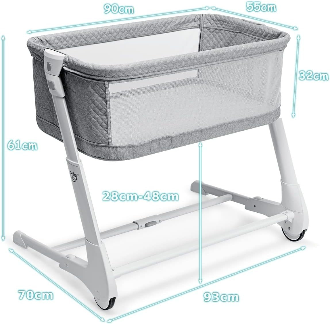 Bedside Baby Crib Adjustable Bassinet with Mattress & Wheels, Breathable Grey