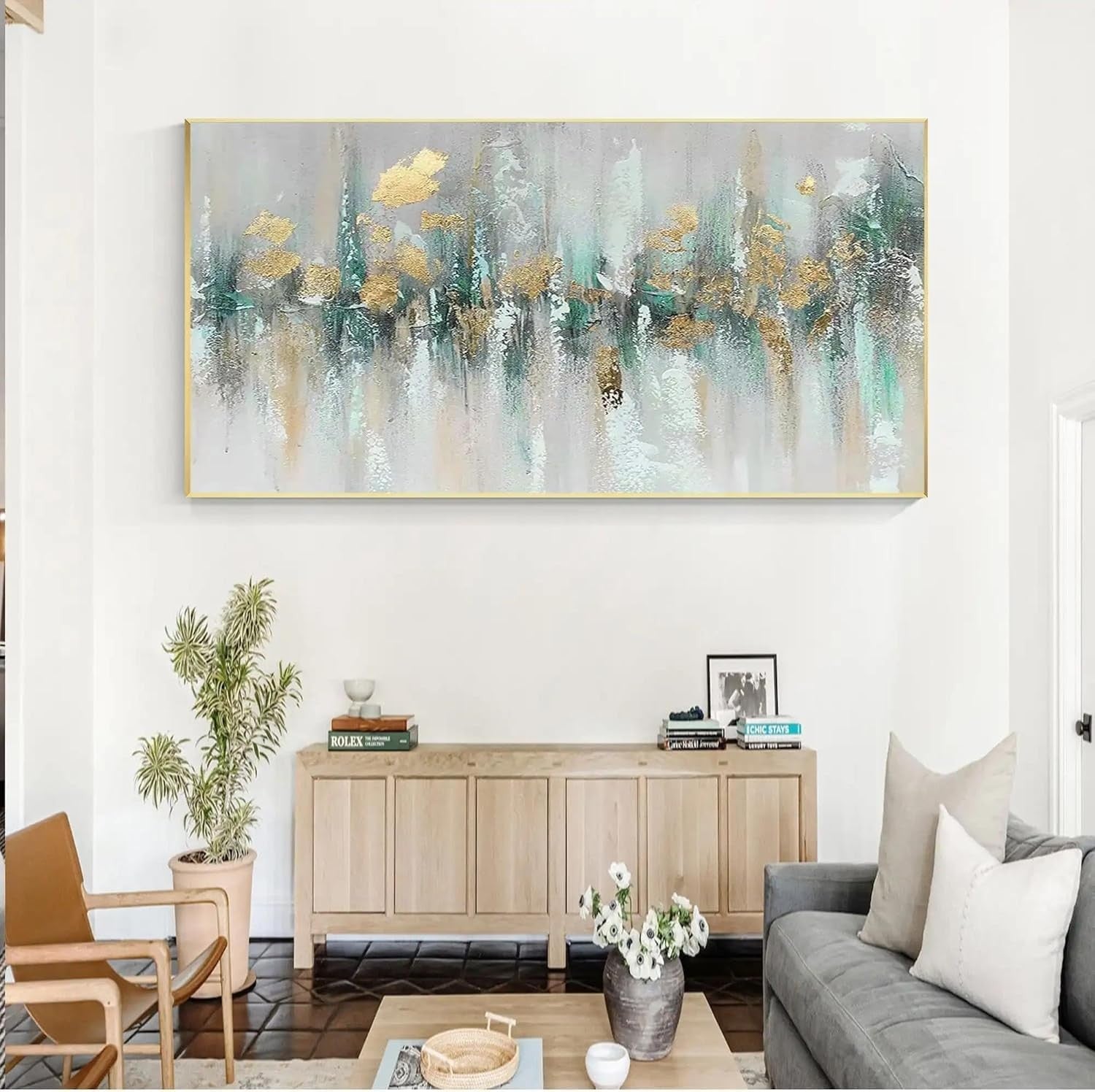 Large Gold Teal Abstract Canvas Wall Art 160x80cm Modern Decor