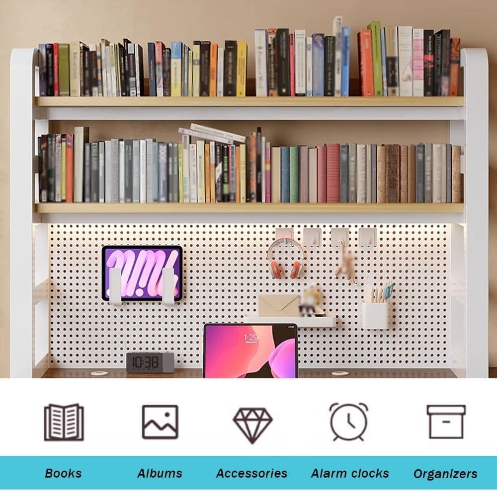 120cm White Desktop Bookshelf 2-Tier Desk Hutch Pegboard Storage Organizer Shelf
