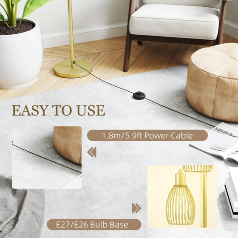 Gold Industrial 3 Light Floor Lamp Dimmable Steel Cage Standing Lamp