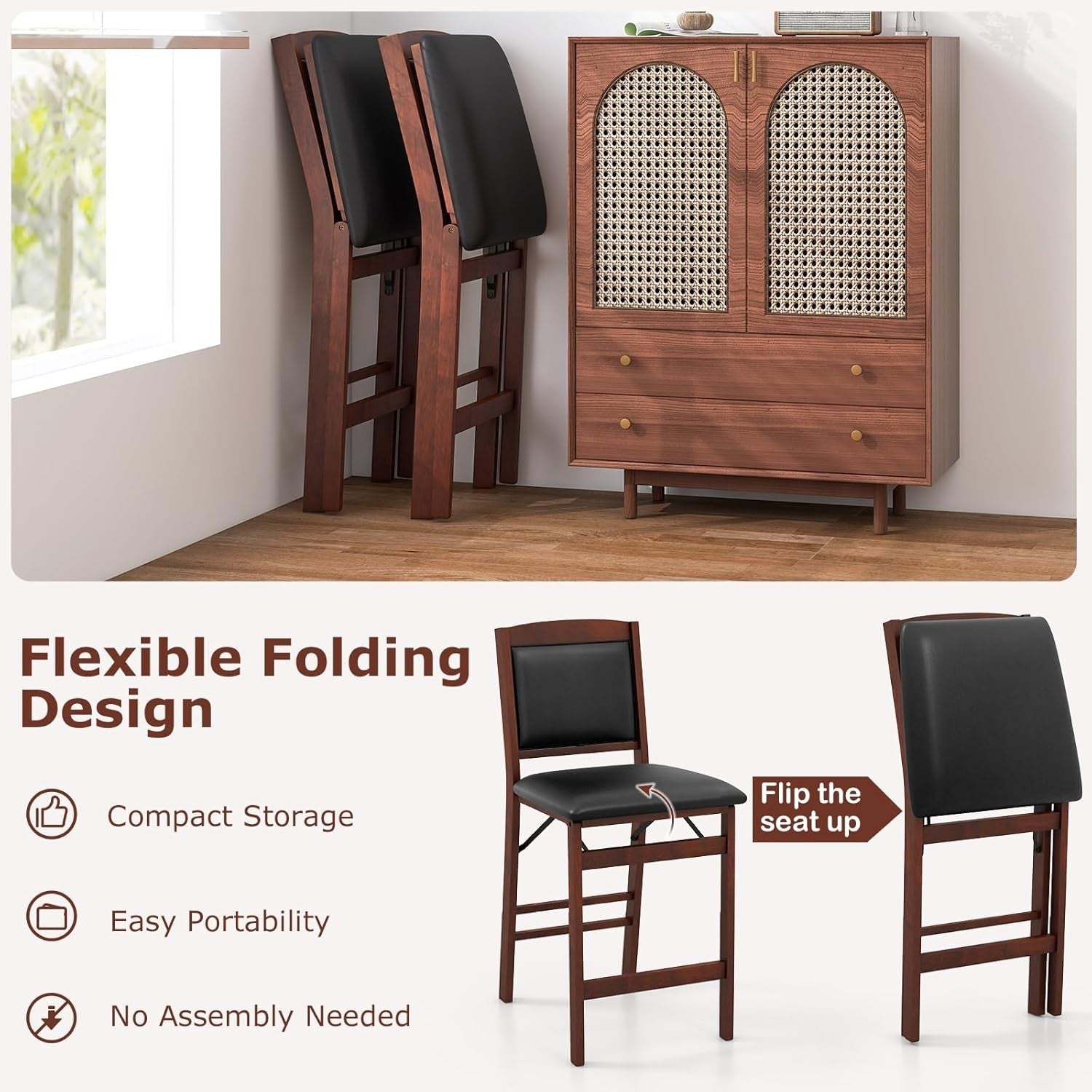 Folding Bar Stool Set of 2 | PVC Leather Counter Height Chair