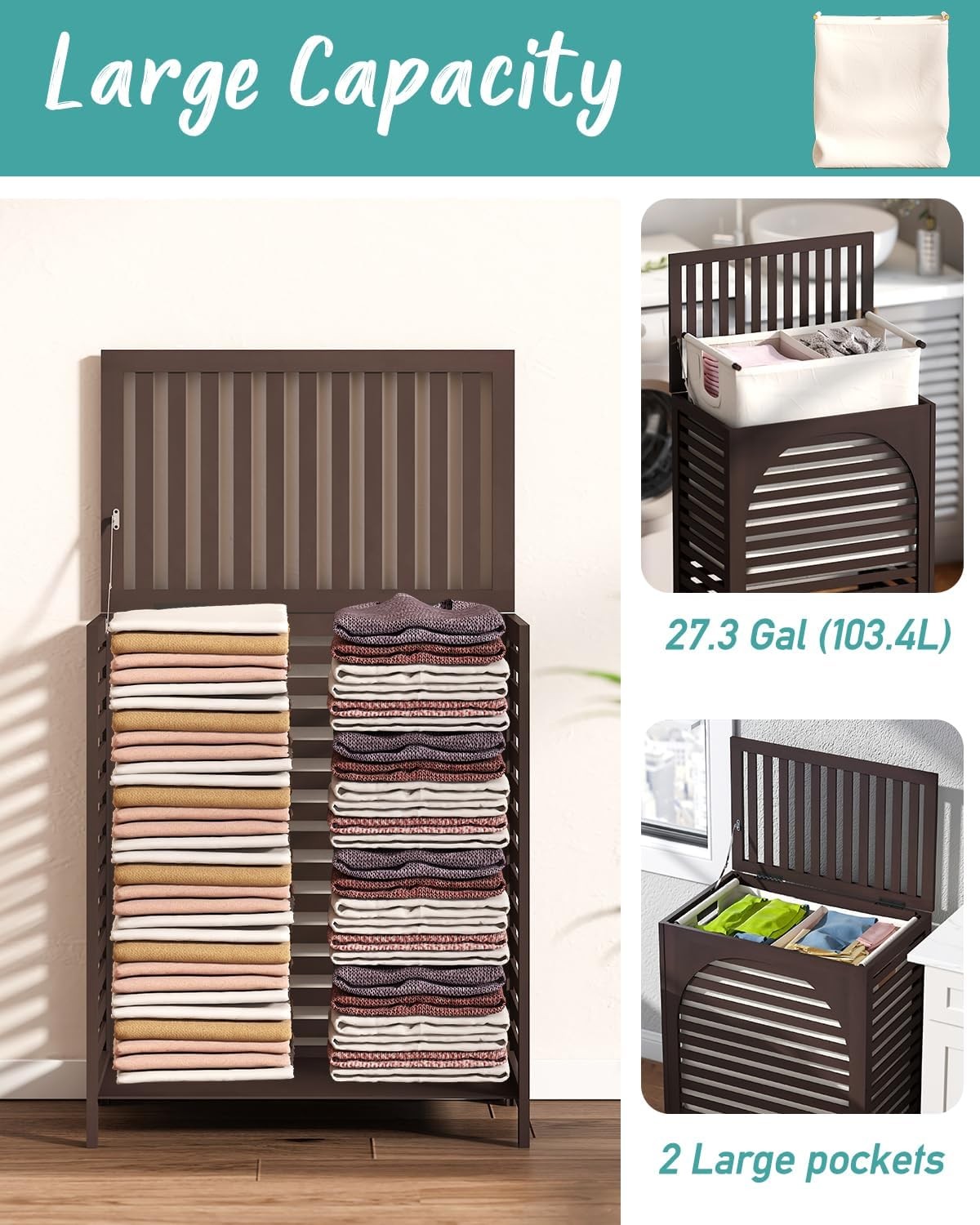 Brown Bamboo Laundry Hamper XL 103L with Lid & Removable Liner | Ventilated Bask