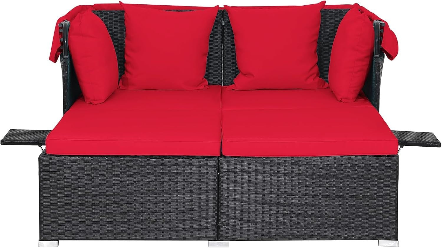 2 Seater Rattan Sunbed with Canopy & Folding Tables, Outdoor Recliner Sofa