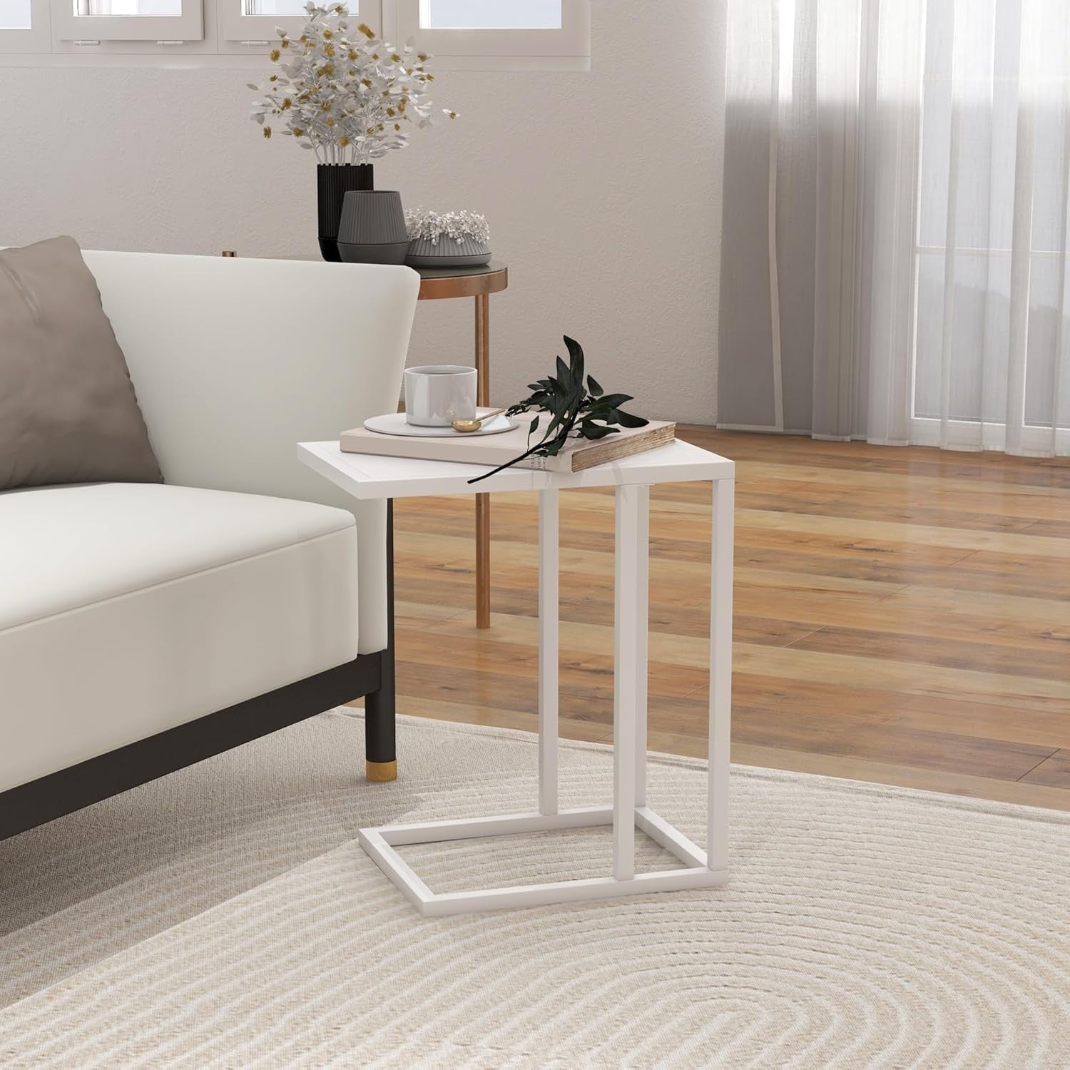 White Wood C Shape Sofa Side Table | Narrow Metal Frame Snack Coffee Table