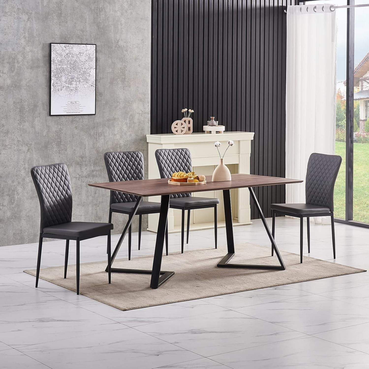 Oak Dining Table Set with 6 Grey Faux Leather Chairs, 150x80cm, Modern Kitchen