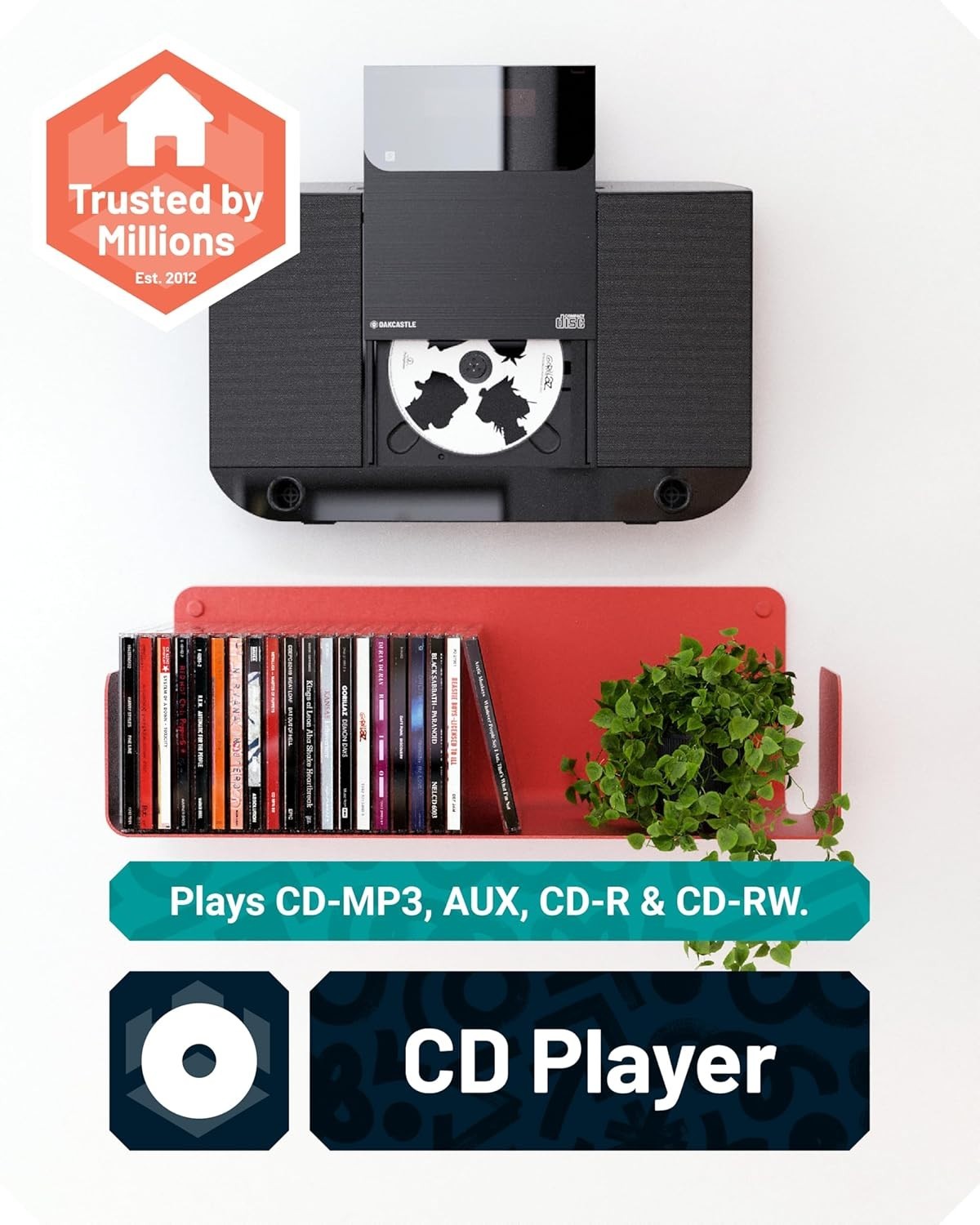 Wall Mountable CD Player Bluetooth HiFi Stereo System 40W FM AUX MP3 Remote