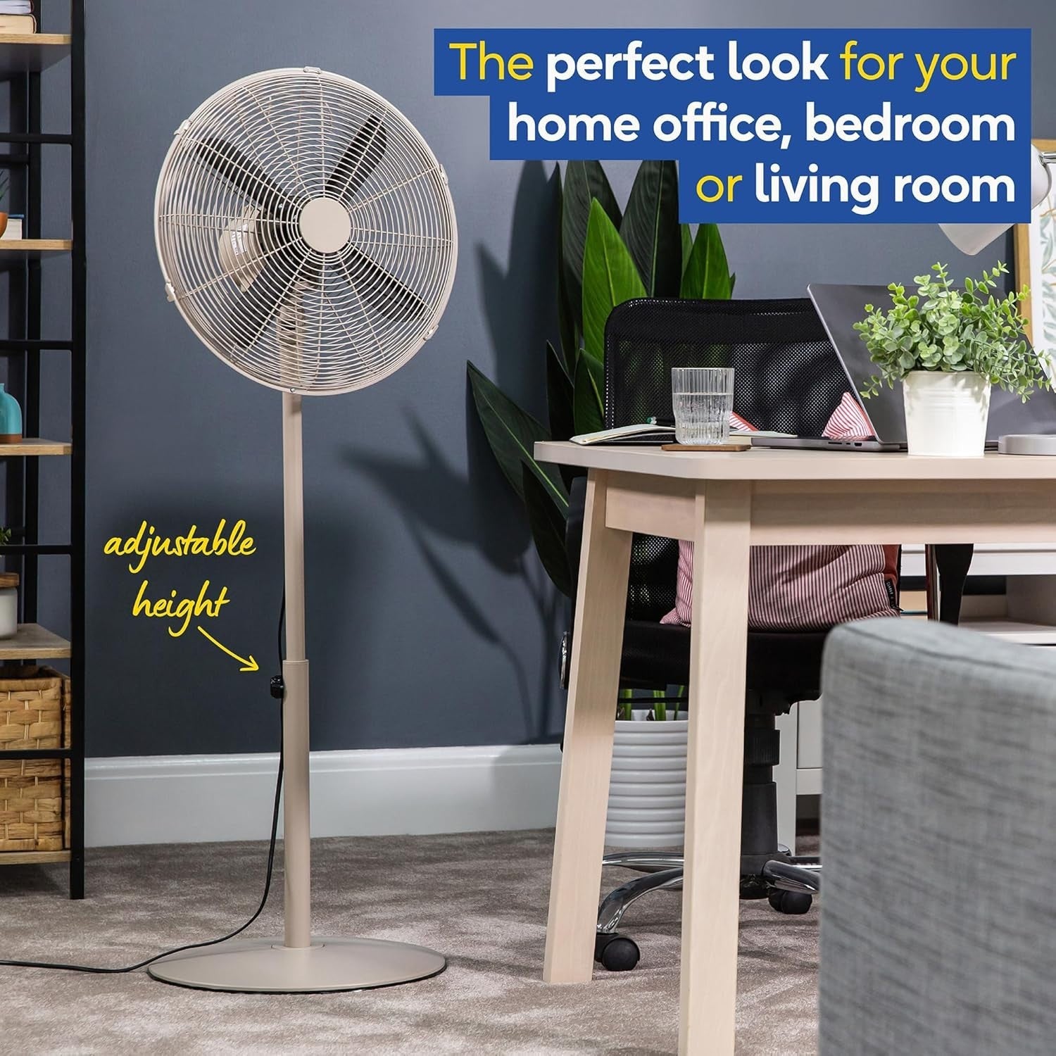 16" Greige Metal Pedestal Fan – 3-Speed Adjustable Height Oscillating Floor Fan