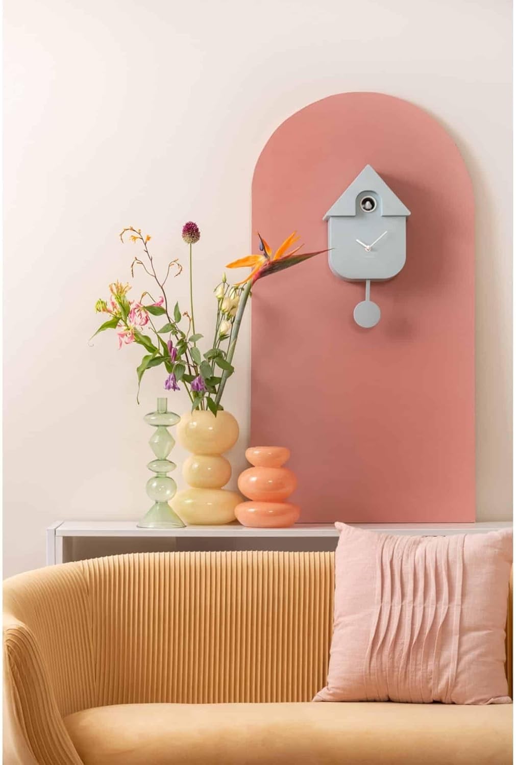 Modern Pendulum Wall Cuckoo Clock | Soft Blue, Hourly Chime, Adjustable Volume