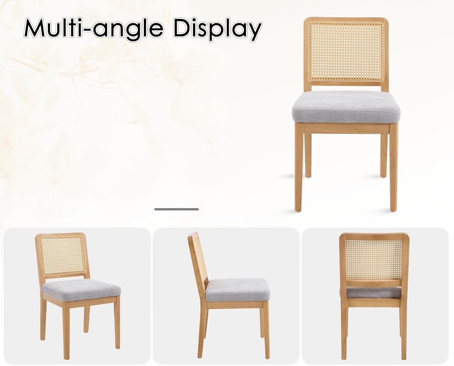 Grey Upholstered Dining Chairs Set of 2 Rattan Back Solid Wood Kitchen Seats