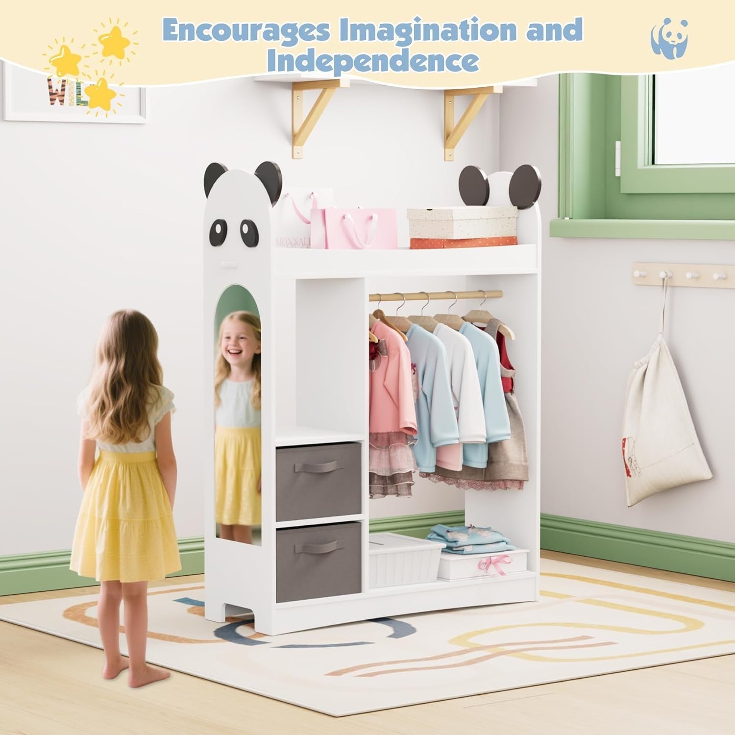 Kids Dress Up Wardrobe with Mirror, Hanging Rail & 2 Drawers for Clothes