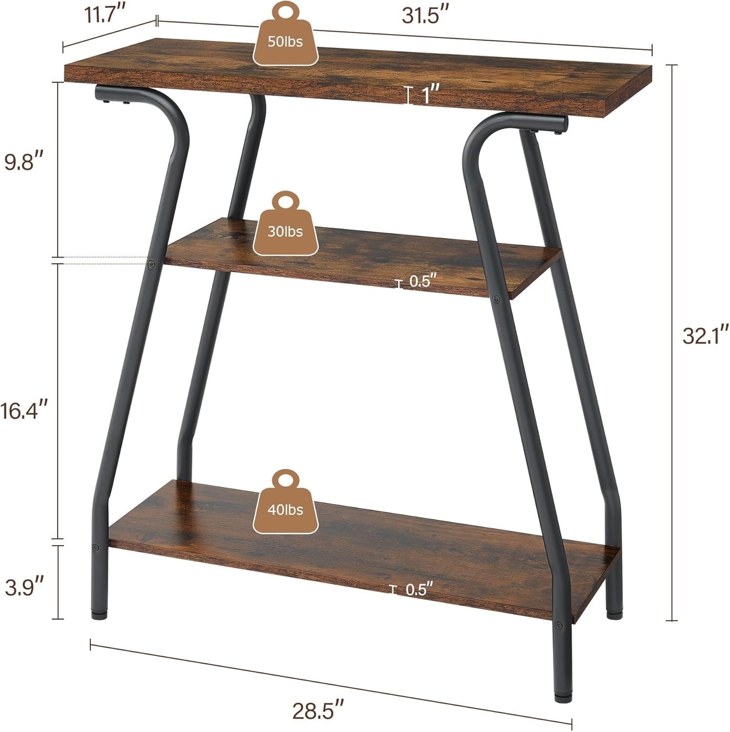 3 Tier Hallway Console Table with Shelves – Slim Rustic Entryway Unit
